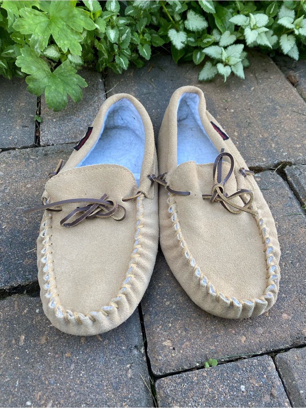Canadiana Fleece-Lined Moccasin Slippers — Tan Suede, Size 8 Summer Sale